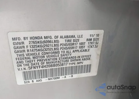 2011 Honda Pilot Lx from USA, damaged, VIN 5FNYF4H20BB053817